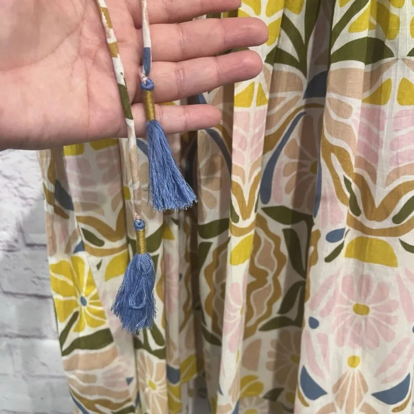 Cyclamen Bloom Kaftan Pleated Tunic Cotton Dress Flower Print Size Small V Neck - Picture 6 of 9